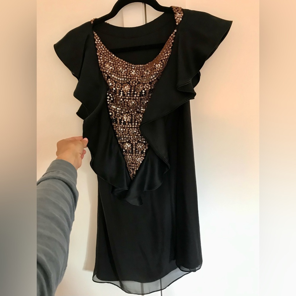 Alice + Olivia Black Silk Sequin Beaded Cocktail Party Lined Dress
